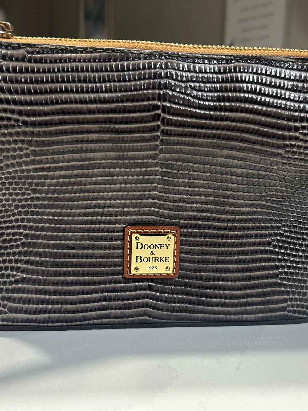 Dooney & Bourke Dark Charcoal Croc-Embossed Crossbody with Gold Trim -COA